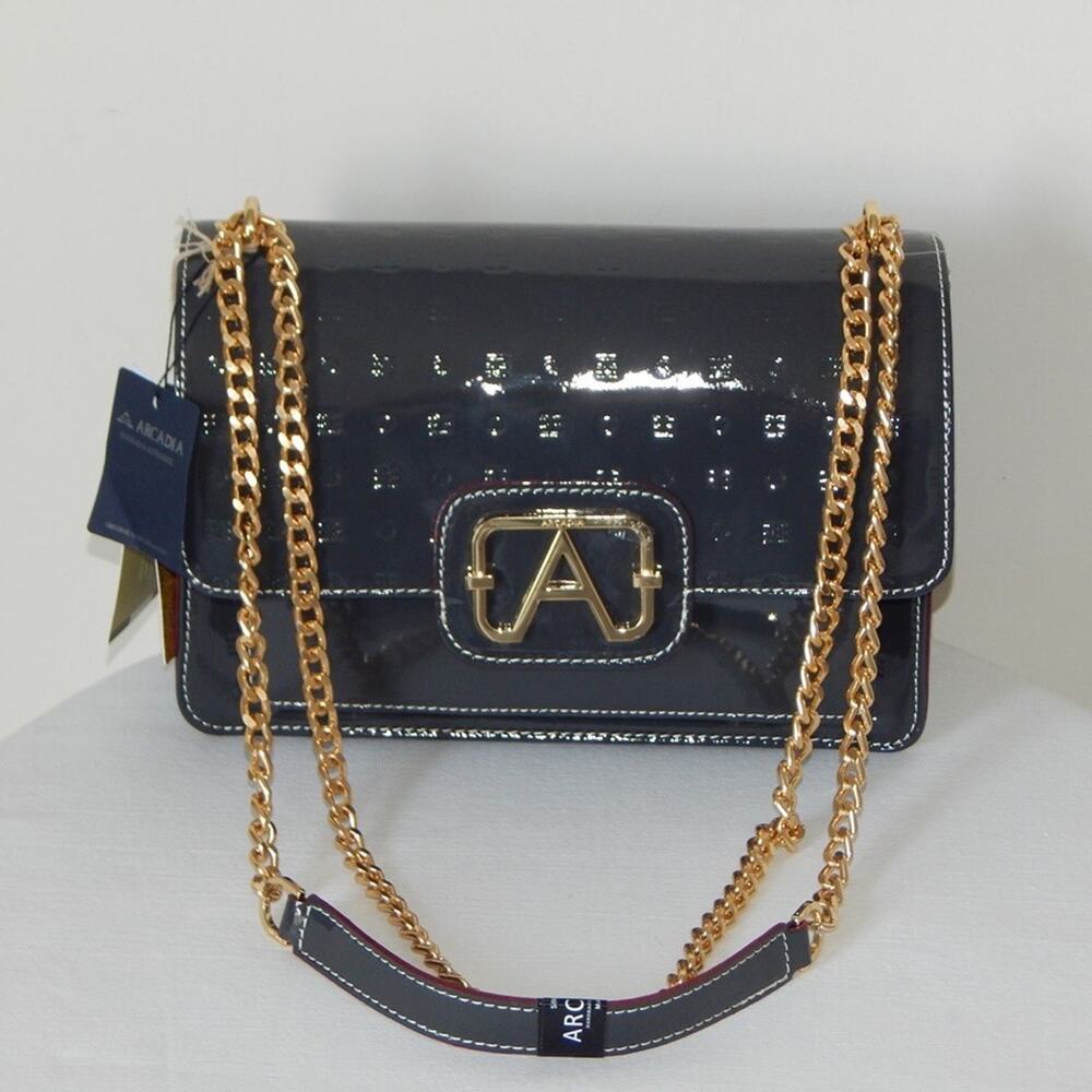 ARCADIA Genuine Patent Leather Flap Chain Crossbody Bag in Dark Grey Italy NWT
